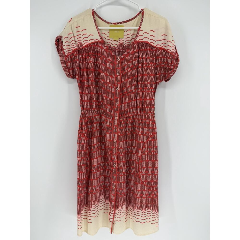 Anthropologie Maeve Veronia Short Sleeve Red Cream Print Button Up Dress Small